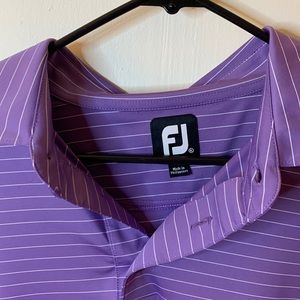 Purple and white striped polo.